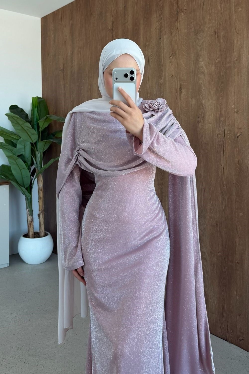 Orkide Omuz Çiçekli Abiye Pudra 3086 