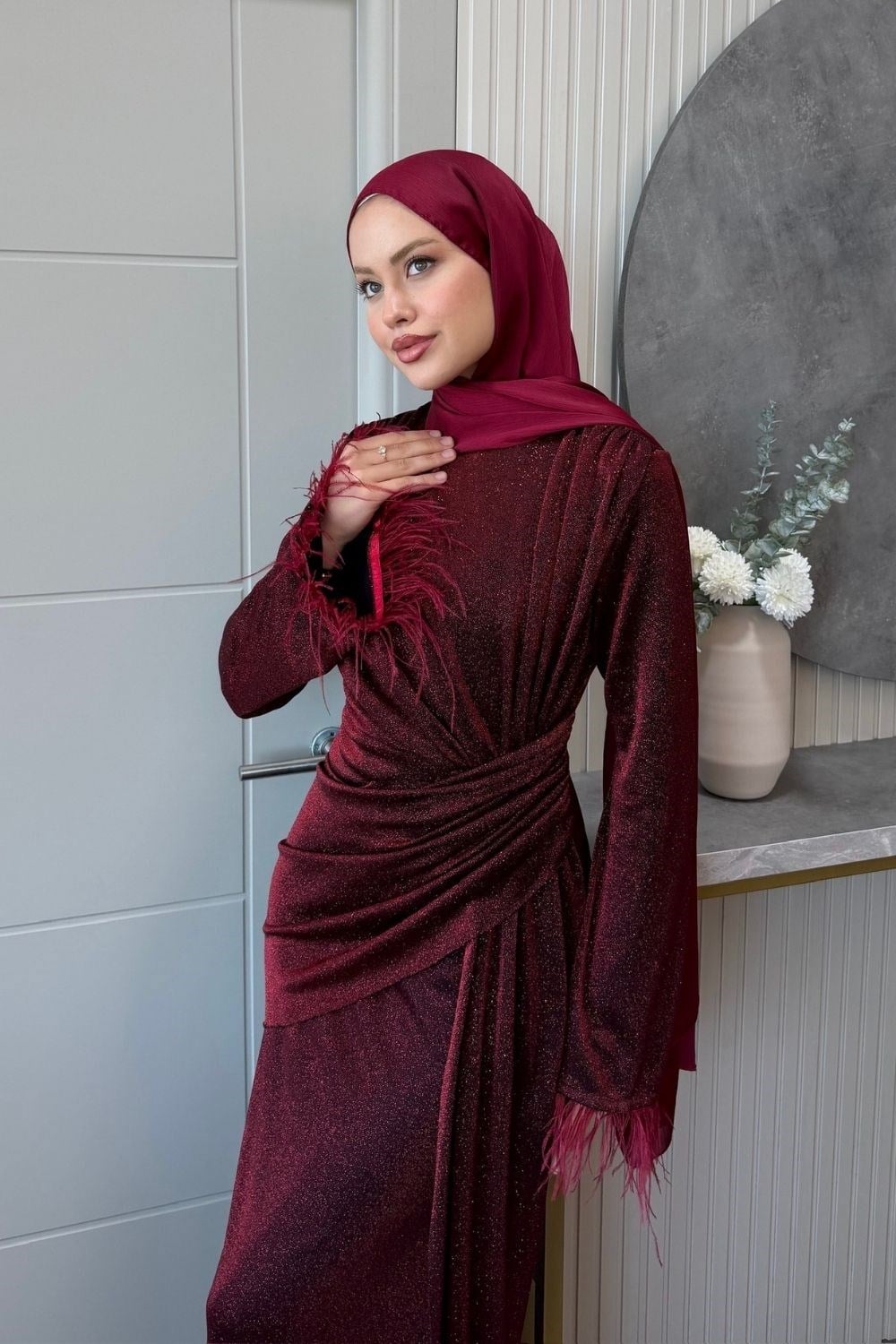 Kolu Tüylü Simli Abiye Bordo 3088 