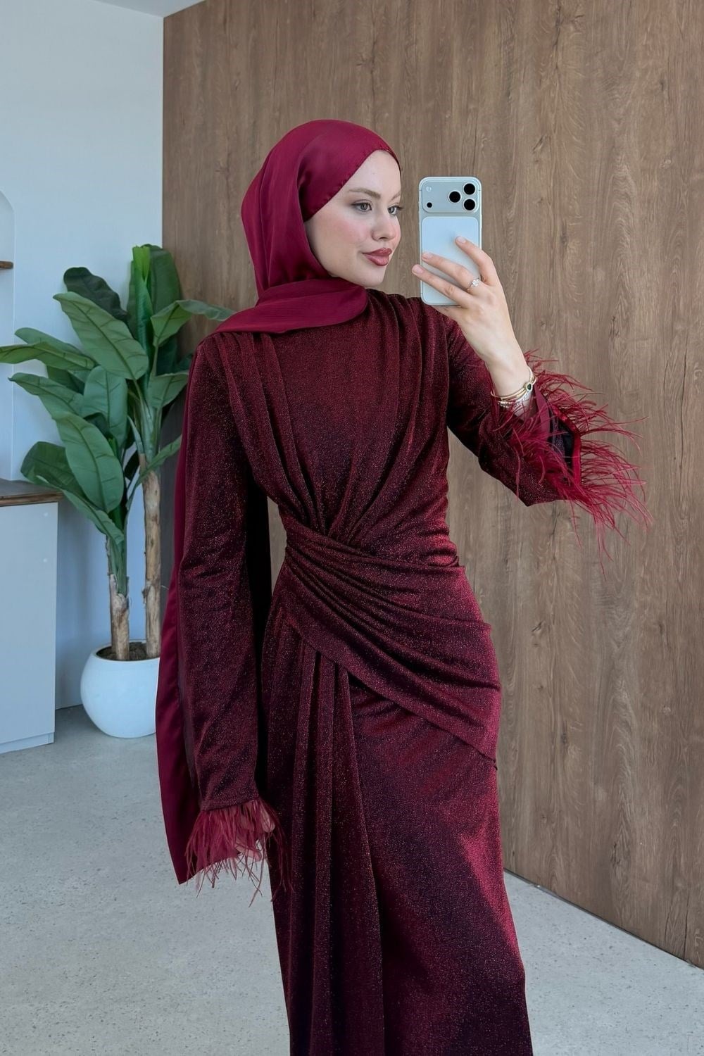 Kolu Tüylü Simli Abiye Bordo 3088 