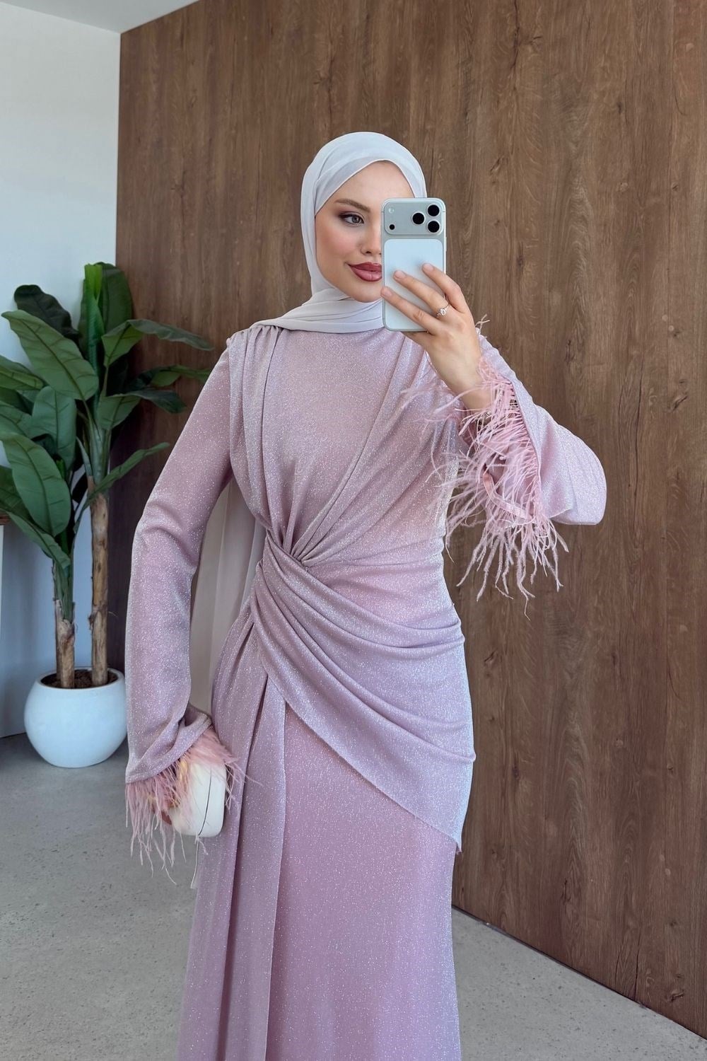 Kolu Tüylü Simli Elbise Pembe 3088 