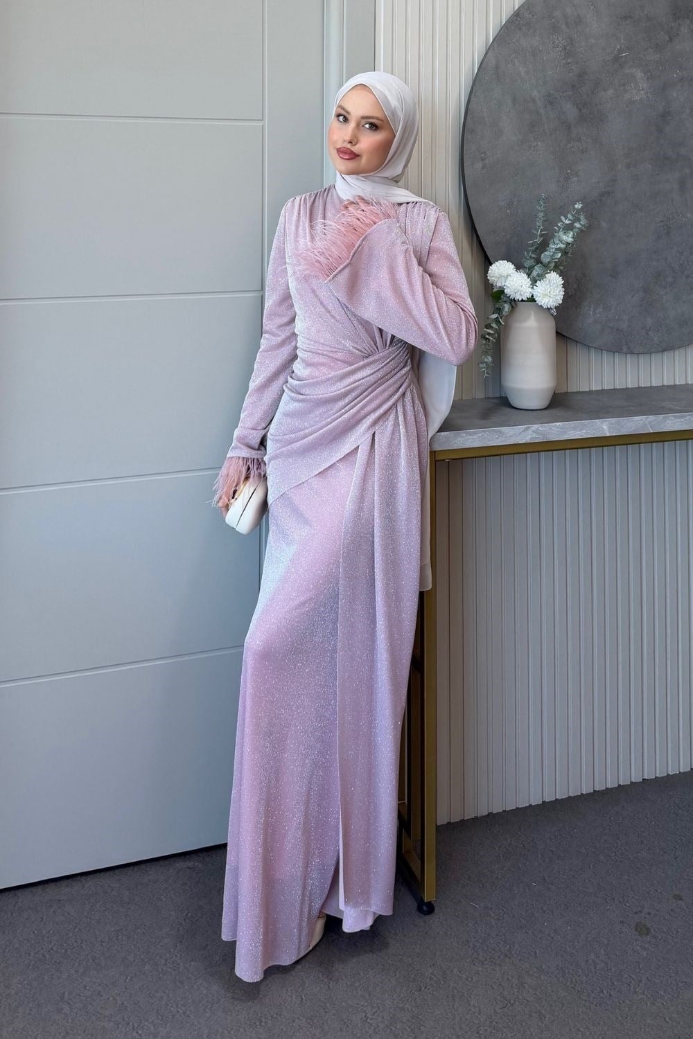 Kolu Tüylü Simli Elbise Pembe 3088 