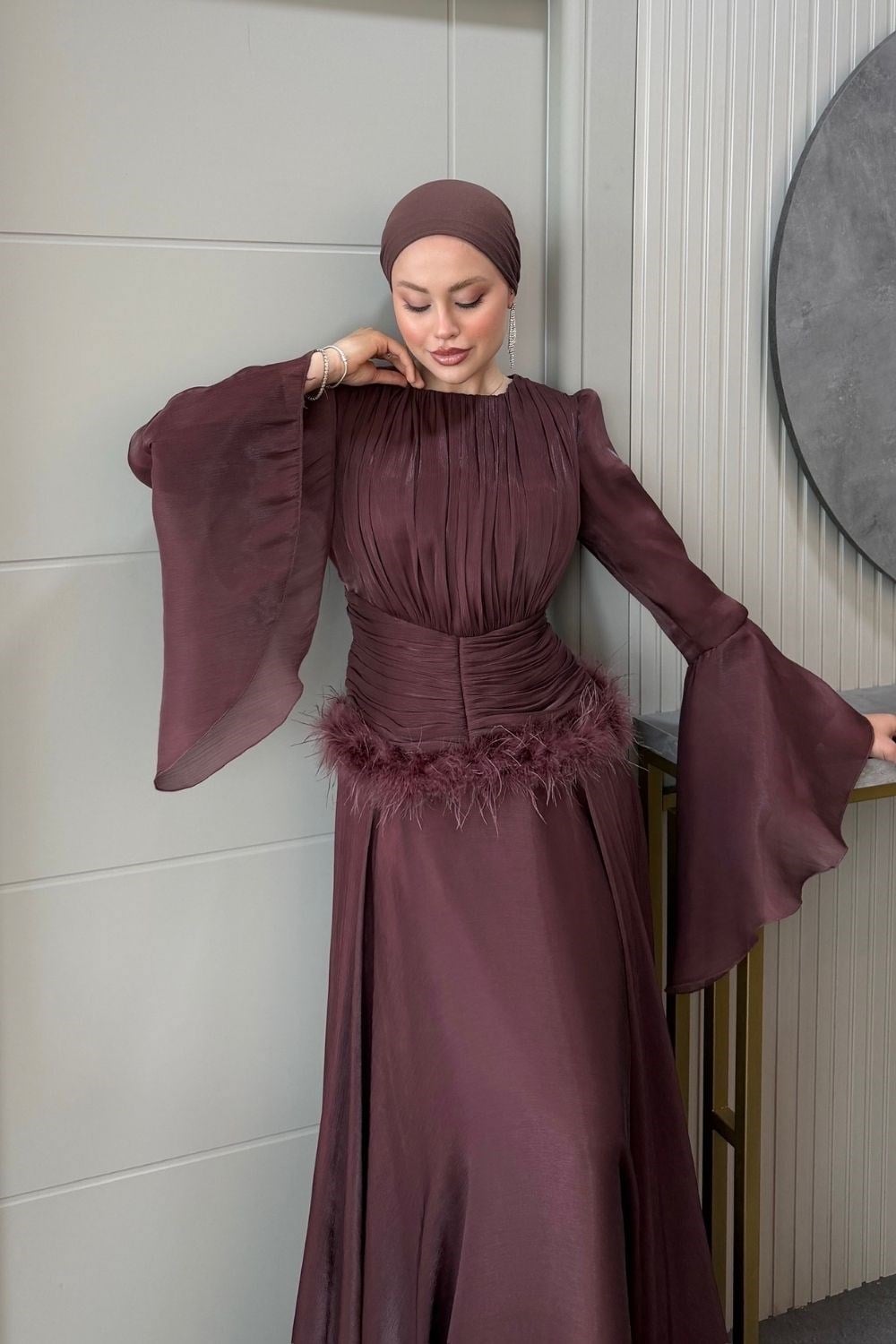 Yonca Bel Drape Tüylü Abiye Gül Kurusu 3089 