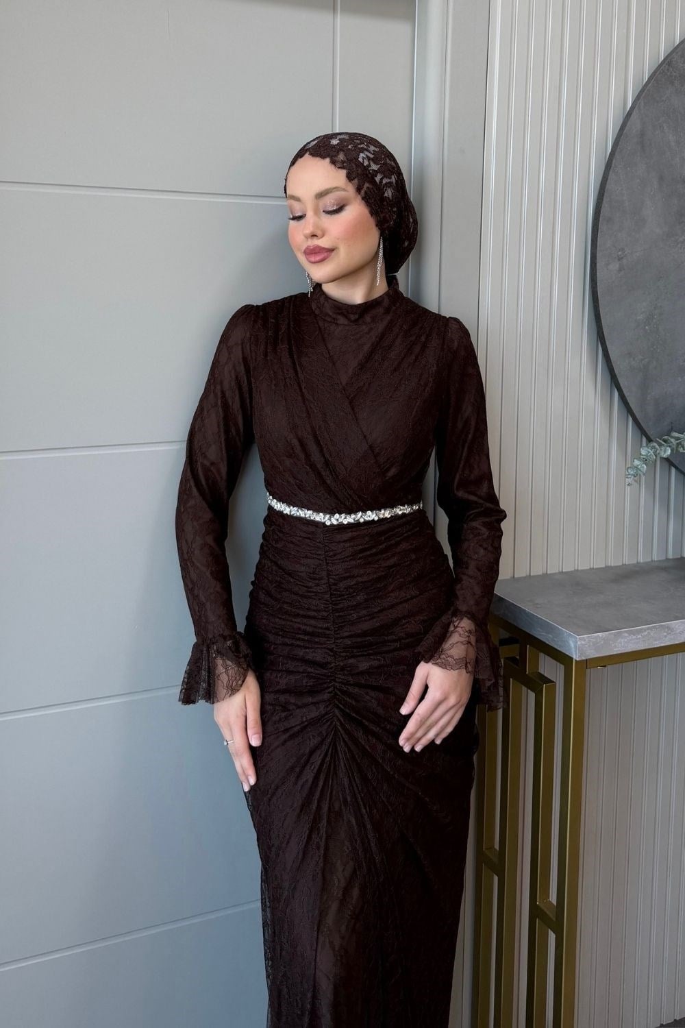 Helen Drapeli Dantelli Abiye Kahverengi 3108 