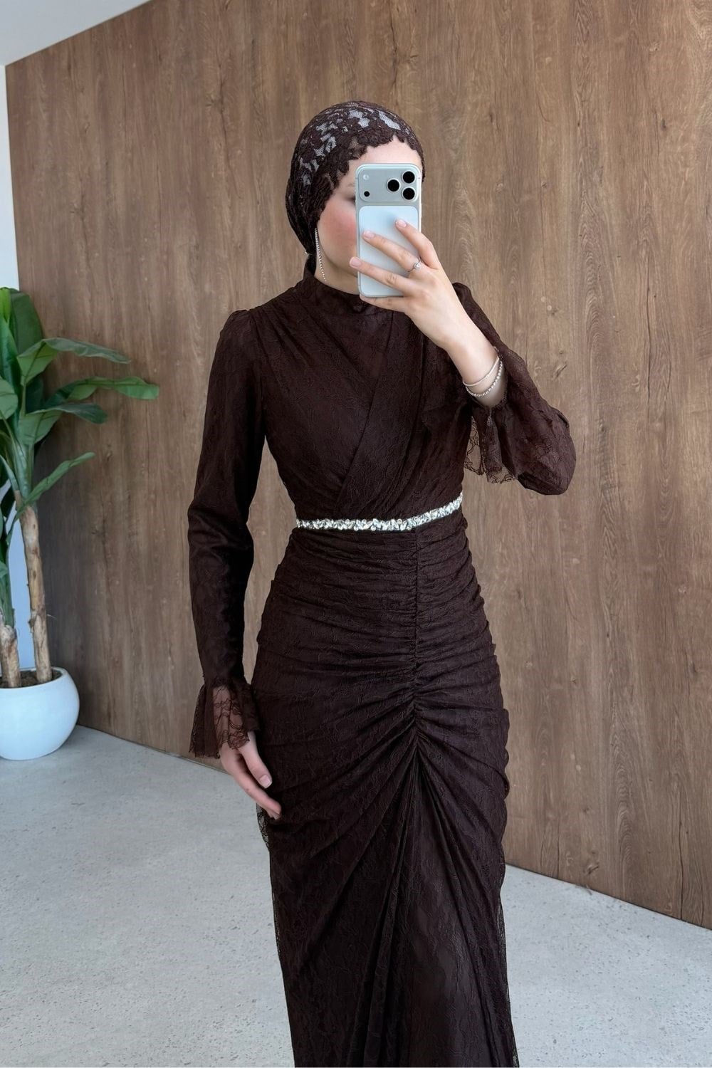 Helen Drapeli Dantelli Abiye Kahverengi 3108 
