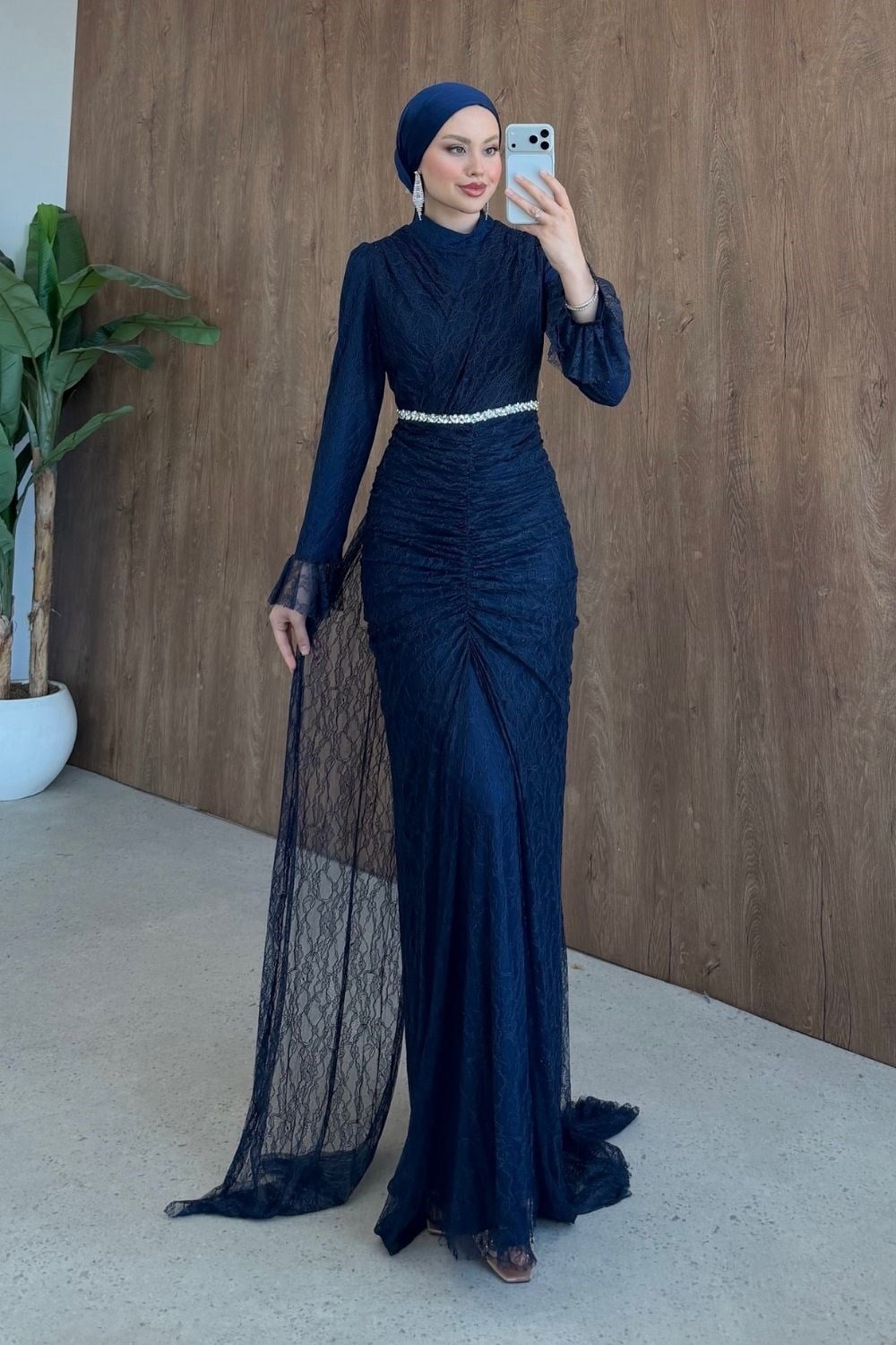 Helen Drapeli Dantelli Abiye Lacivert 3108 