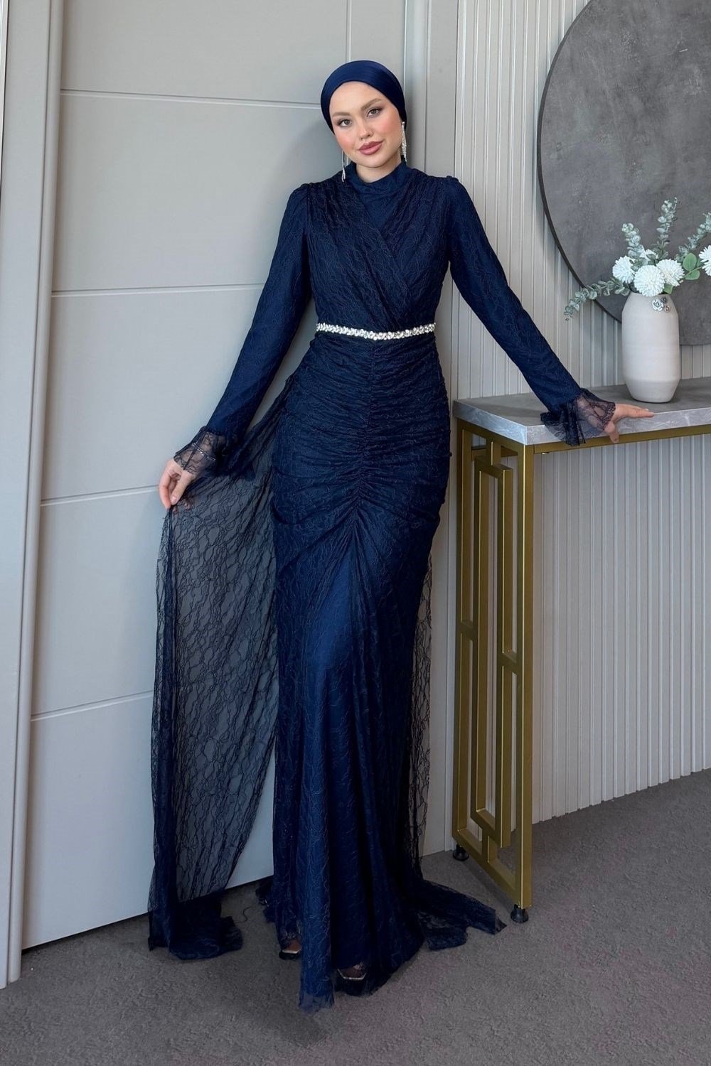 Helen Drapeli Dantelli Abiye Lacivert 3108 