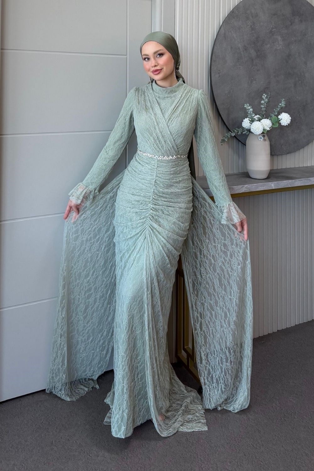 Helen Drapeli Dantelli Abiye Mint 3108 