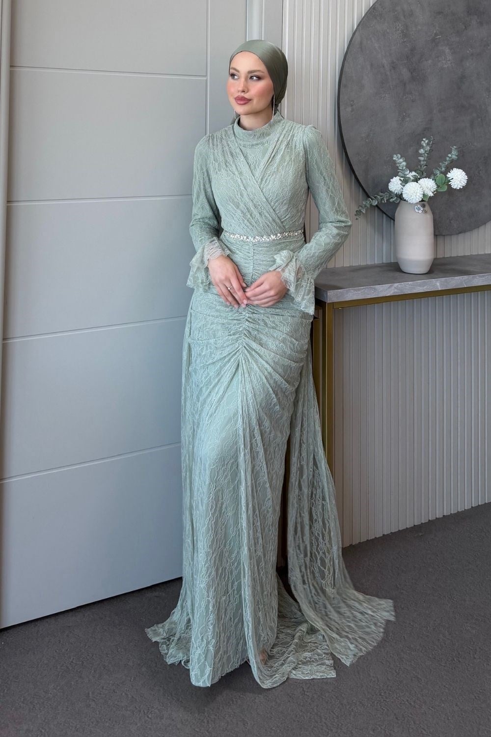 Helen Drapeli Dantelli Abiye Mint 3108 