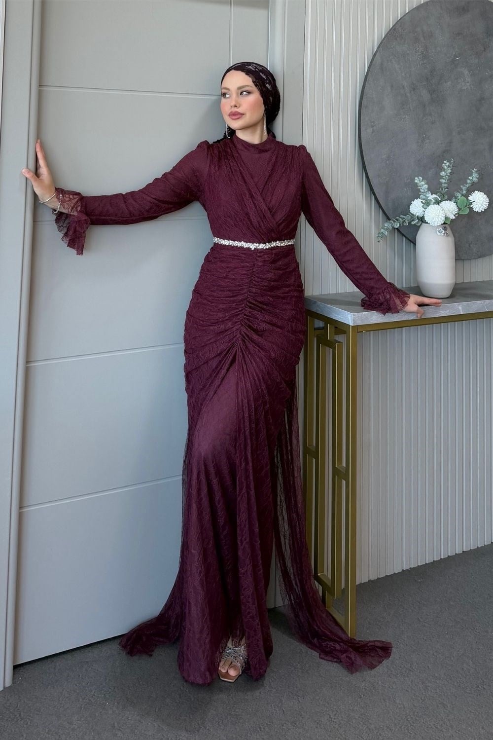 Helen Drapeli Dantelli Abiye Mürdüm 3108 