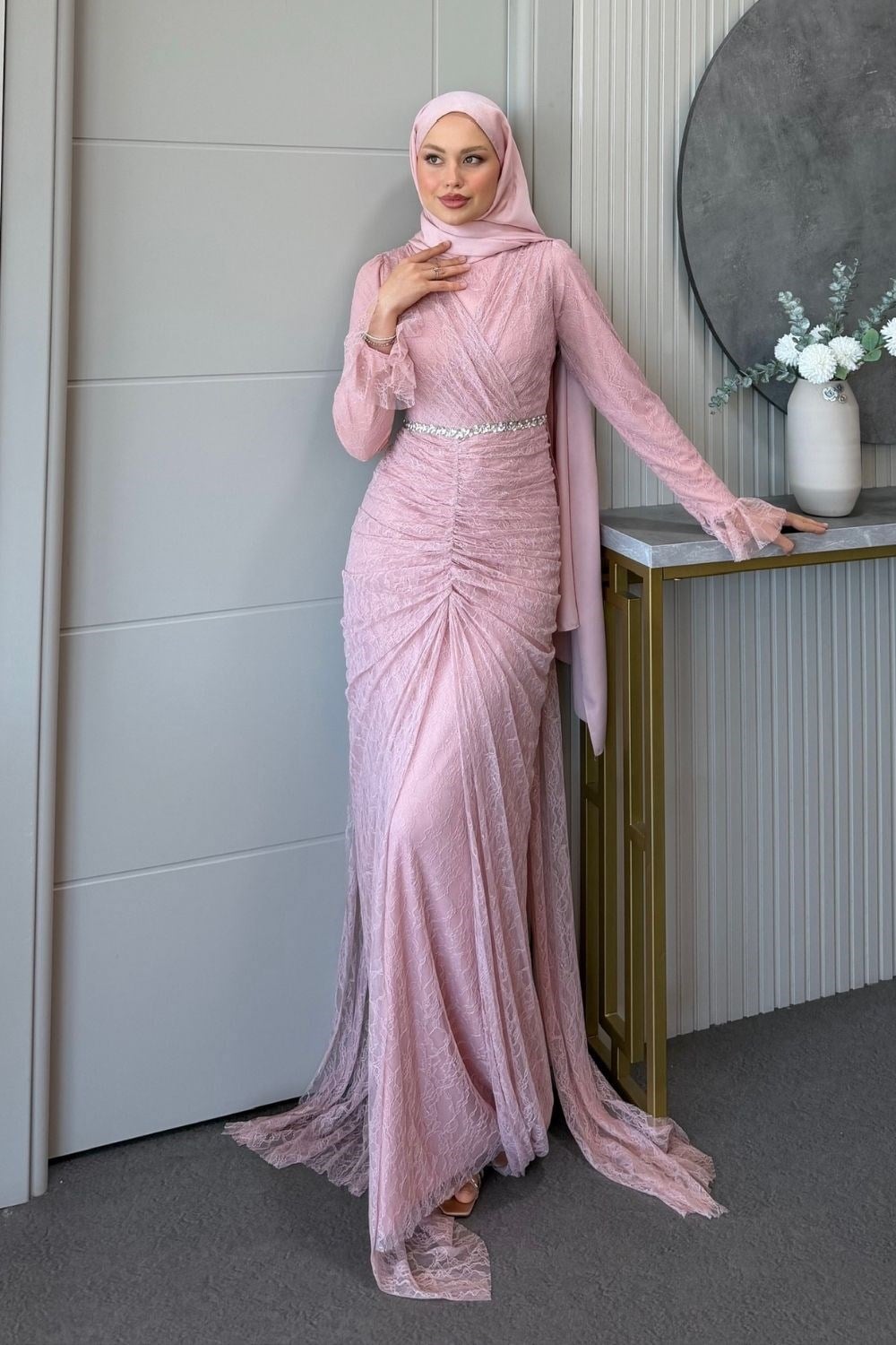 Helen Drapeli Dantelli Abiye Pudra 3108 