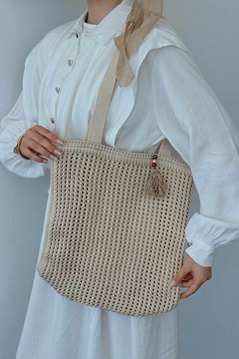 Boncuklu Hasır Çanta Bej 3426 