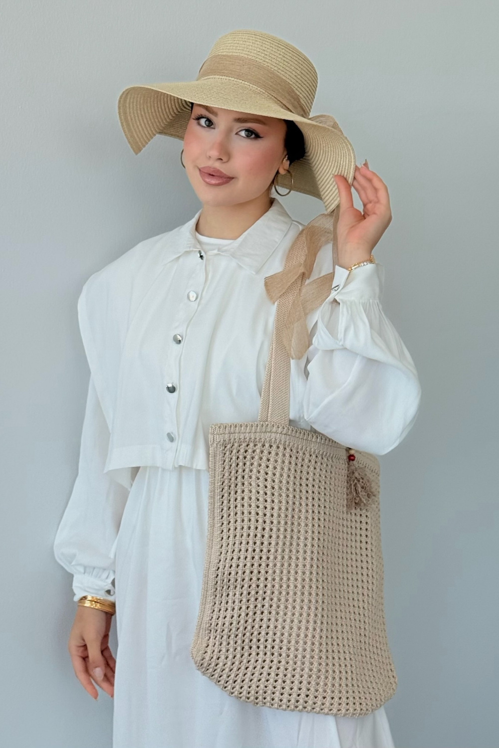 Boncuklu Hasır Çanta Bej 3426 