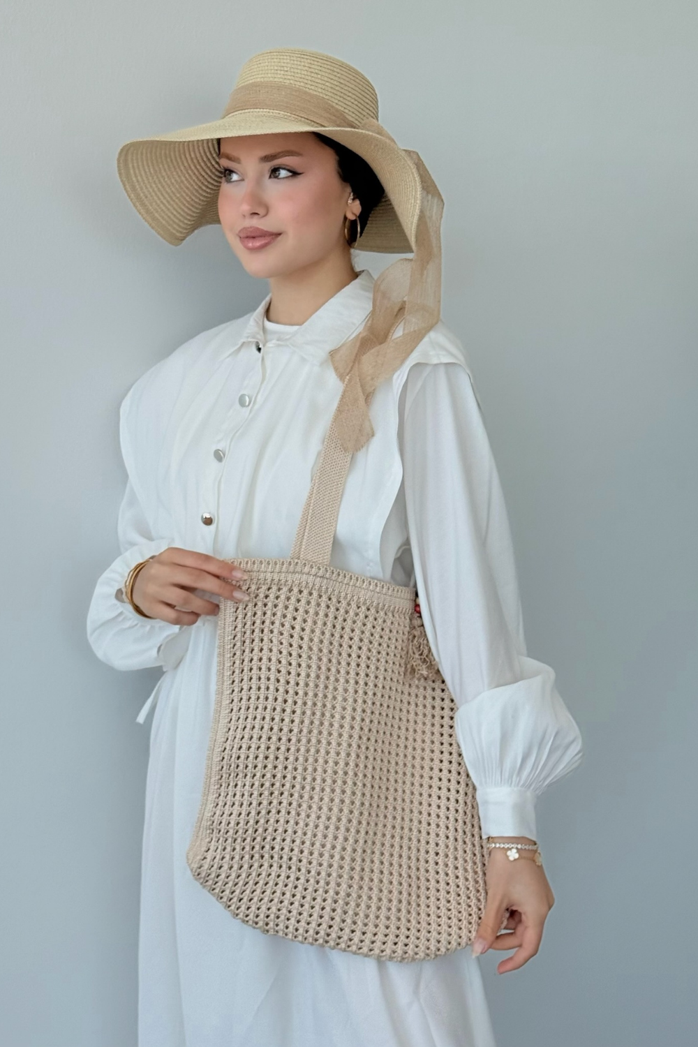 Boncuklu Hasır Çanta Bej 3426 