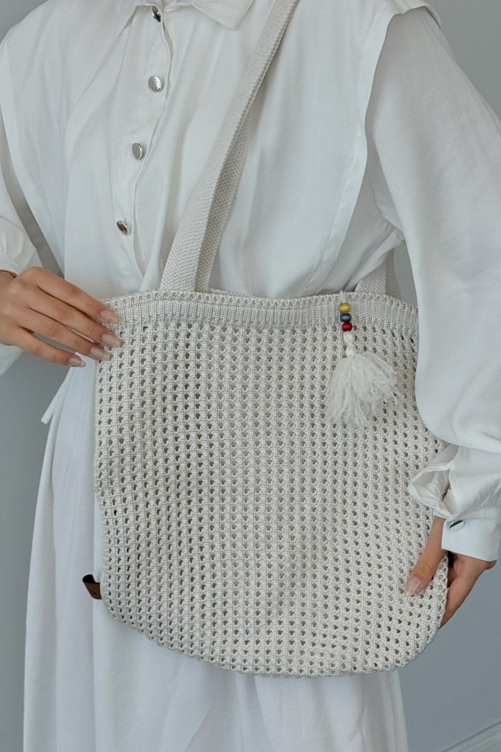 Boncuklu Hasır Çanta Beyaz 3426 