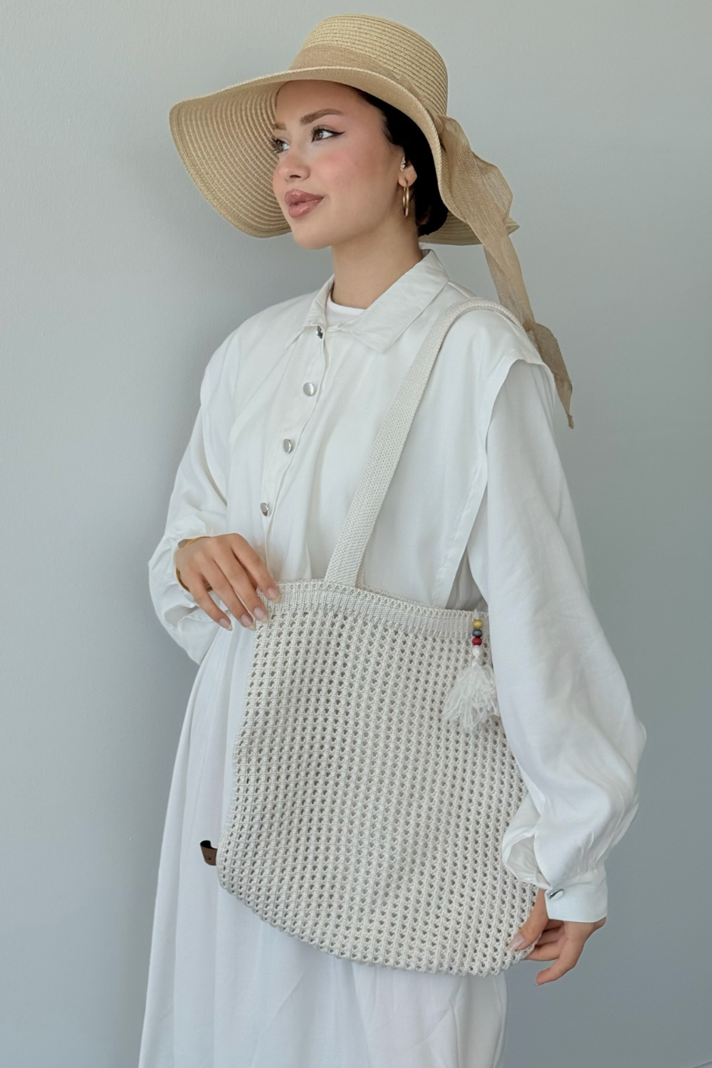 Boncuklu Hasır Çanta Beyaz 3426 