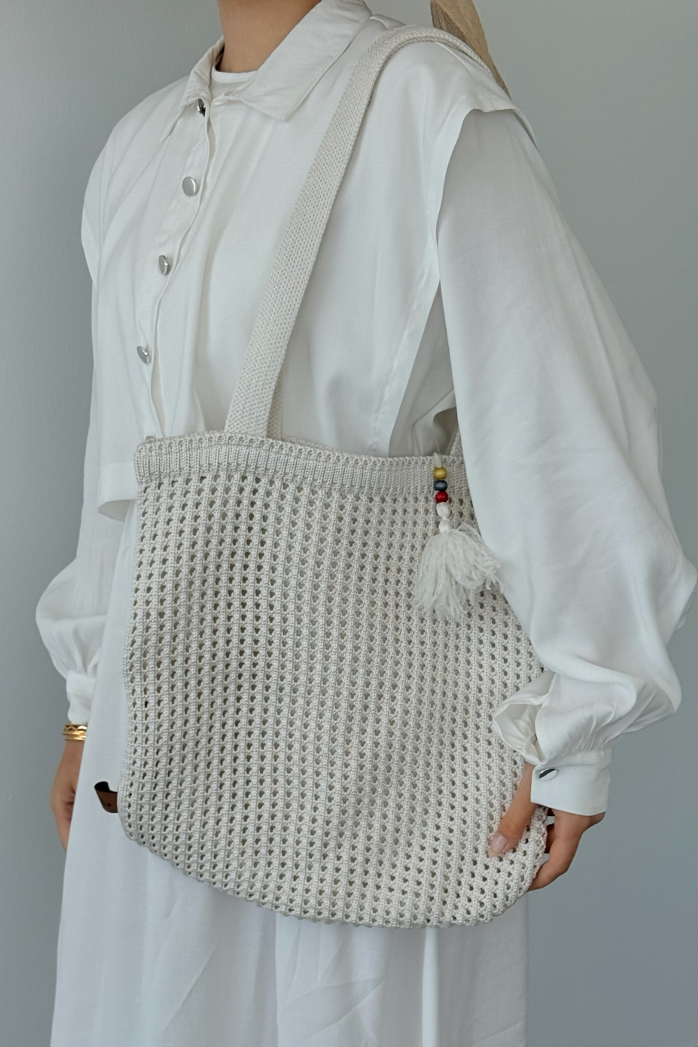 Boncuklu Hasır Çanta Beyaz 3426 