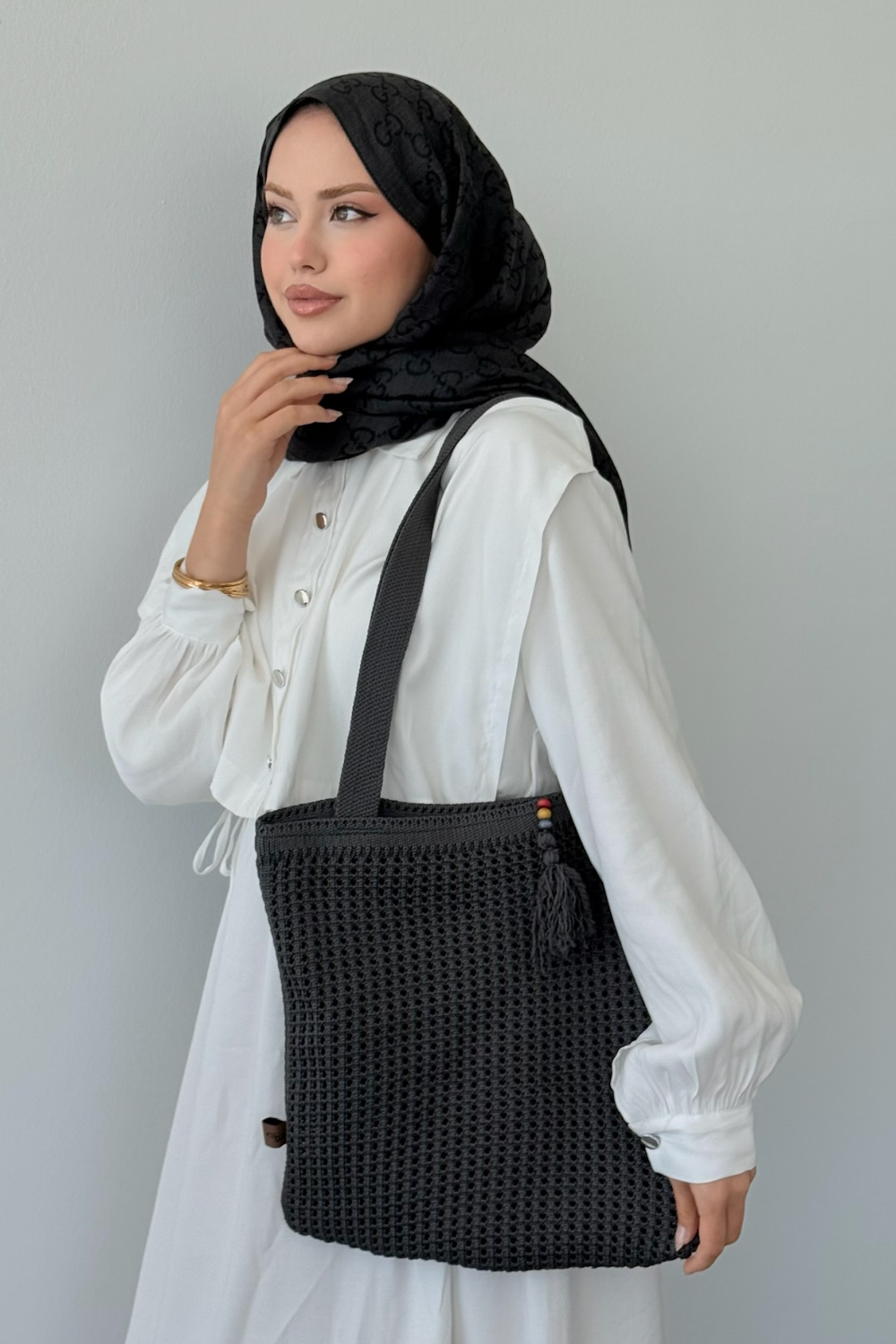 Boncuklu Hasır Çanta Füme 3426 