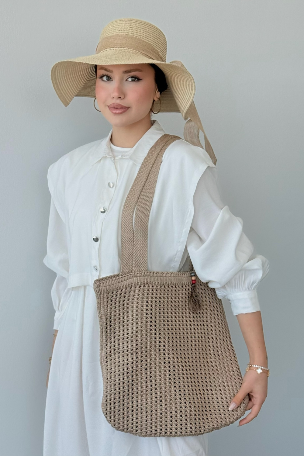 Boncuklu Hasır Çanta Vizon 3426 