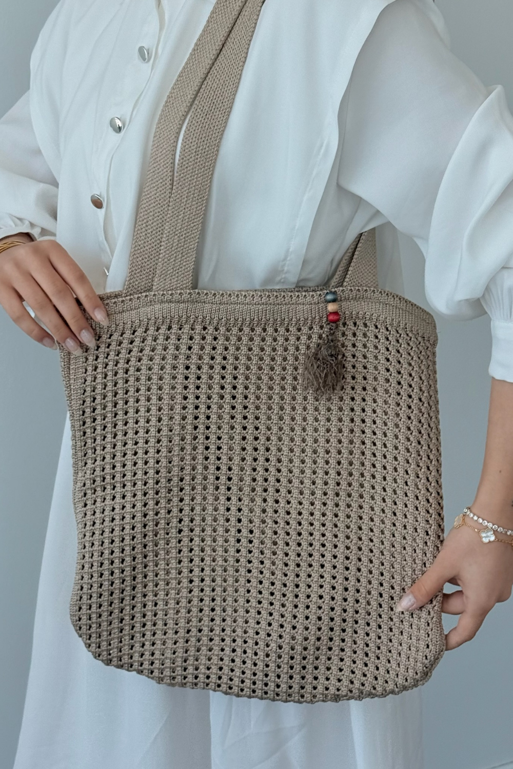 Boncuklu Hasır Çanta Vizon 3426 