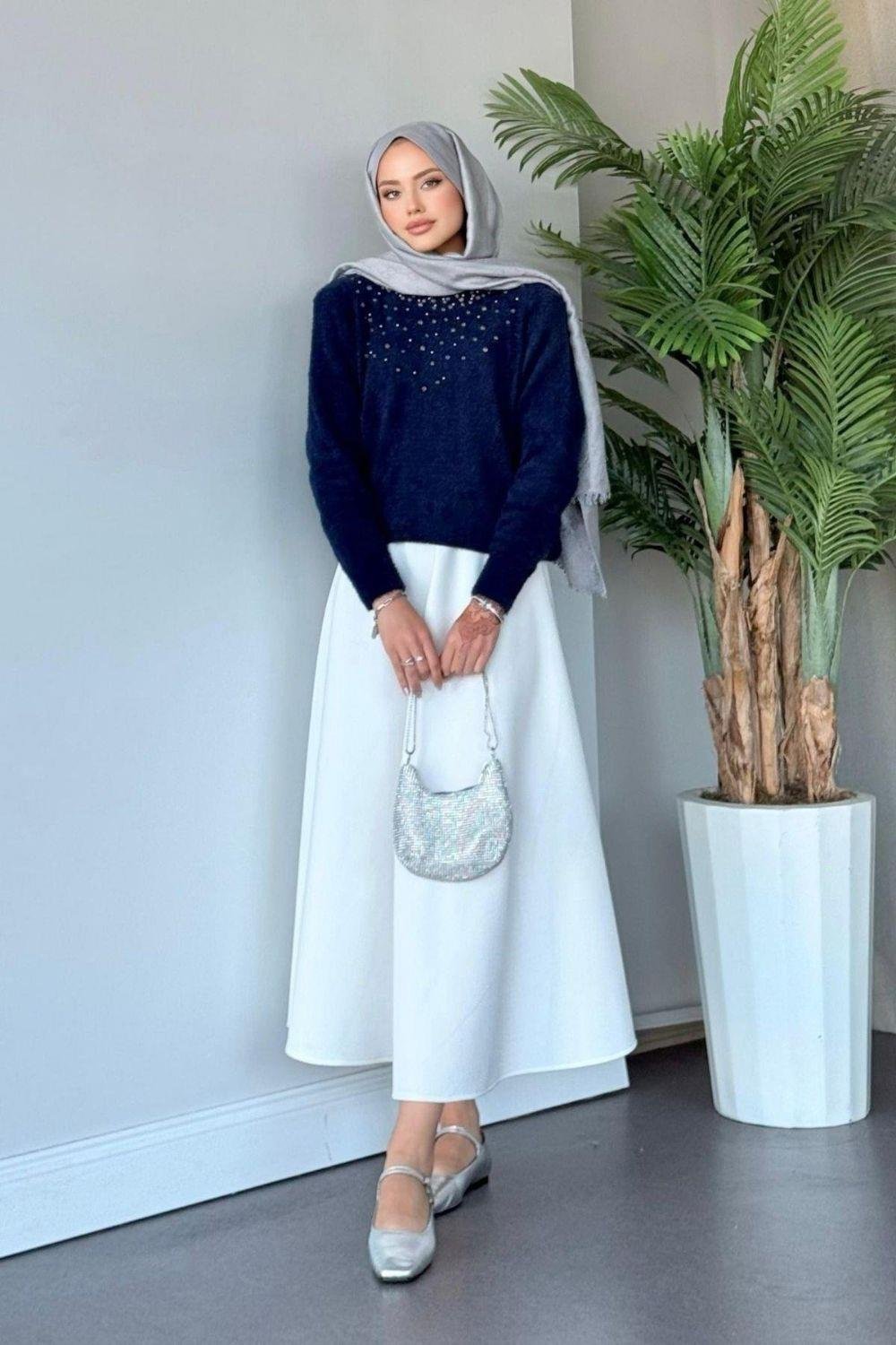 Pırıltılı İncili Kazak Lacivert 3655 