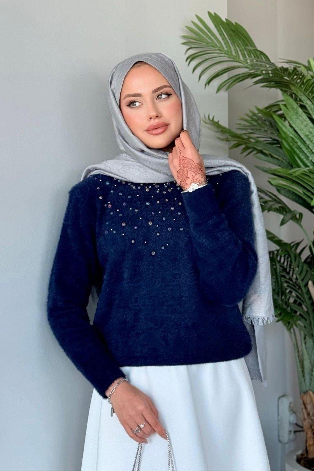 Pırıltılı İncili Kazak Lacivert 3655 