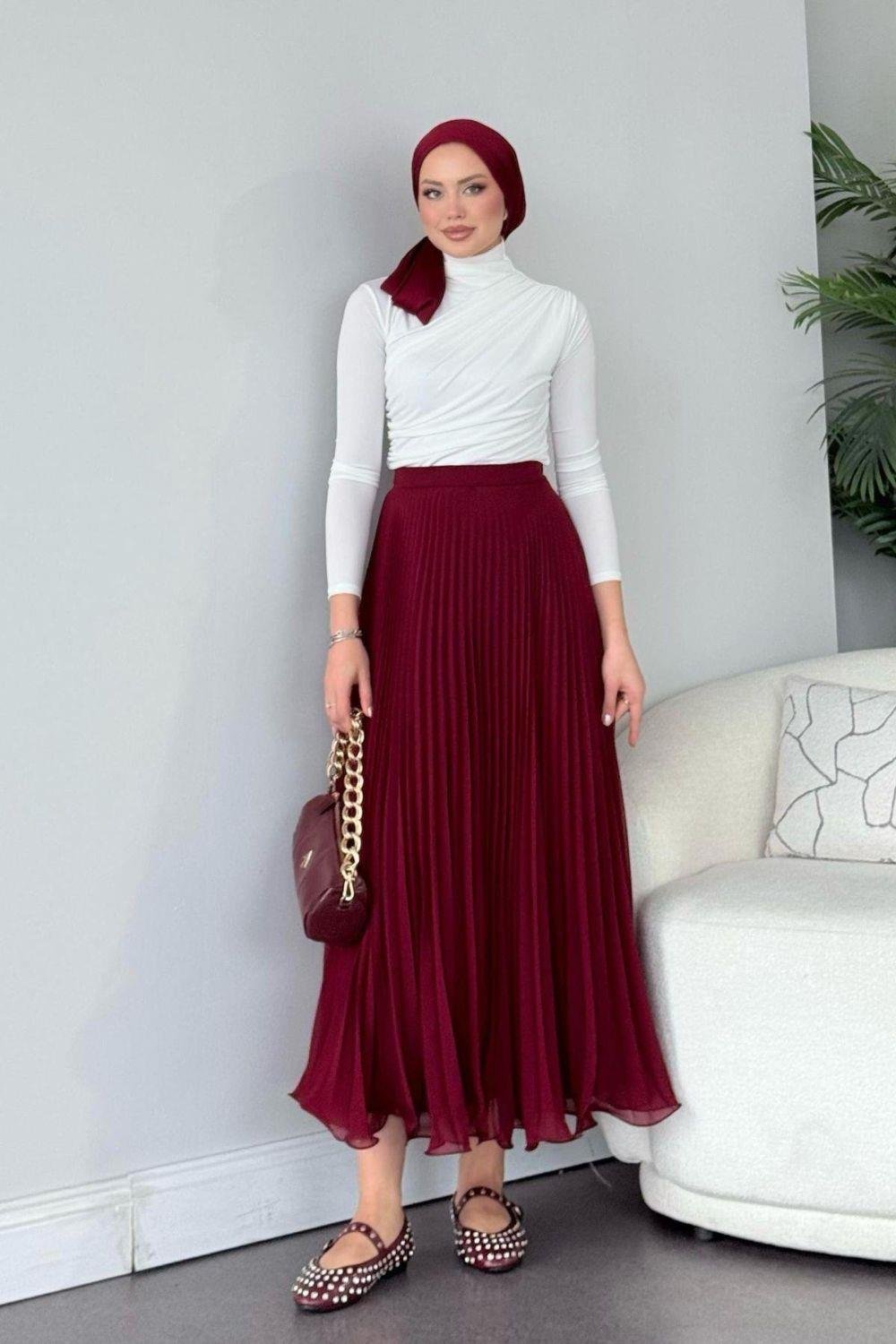 Piliseli Şifon Etek Bordo 36690 