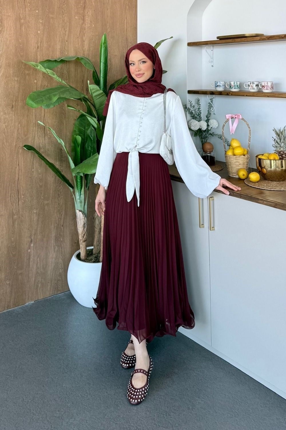 Piliseli Şifon Etek Bordo 36690 