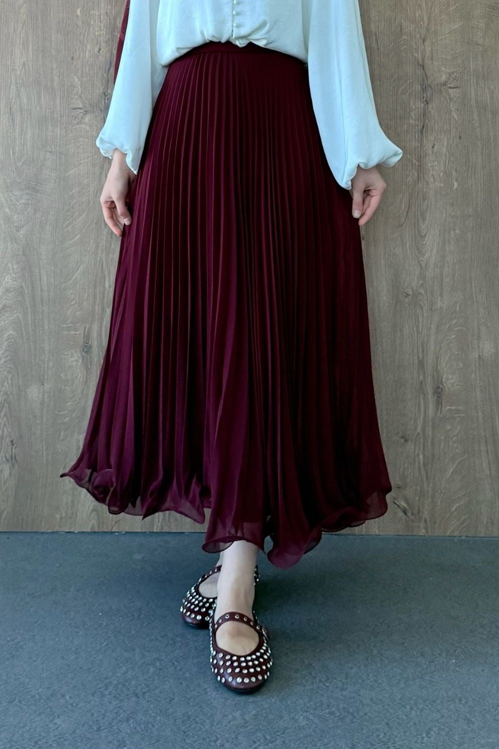 Piliseli Şifon Etek Bordo 36690 