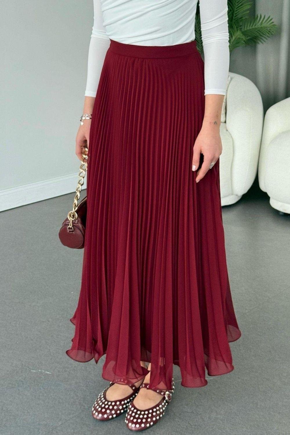 Piliseli Şifon Etek Bordo 36690 