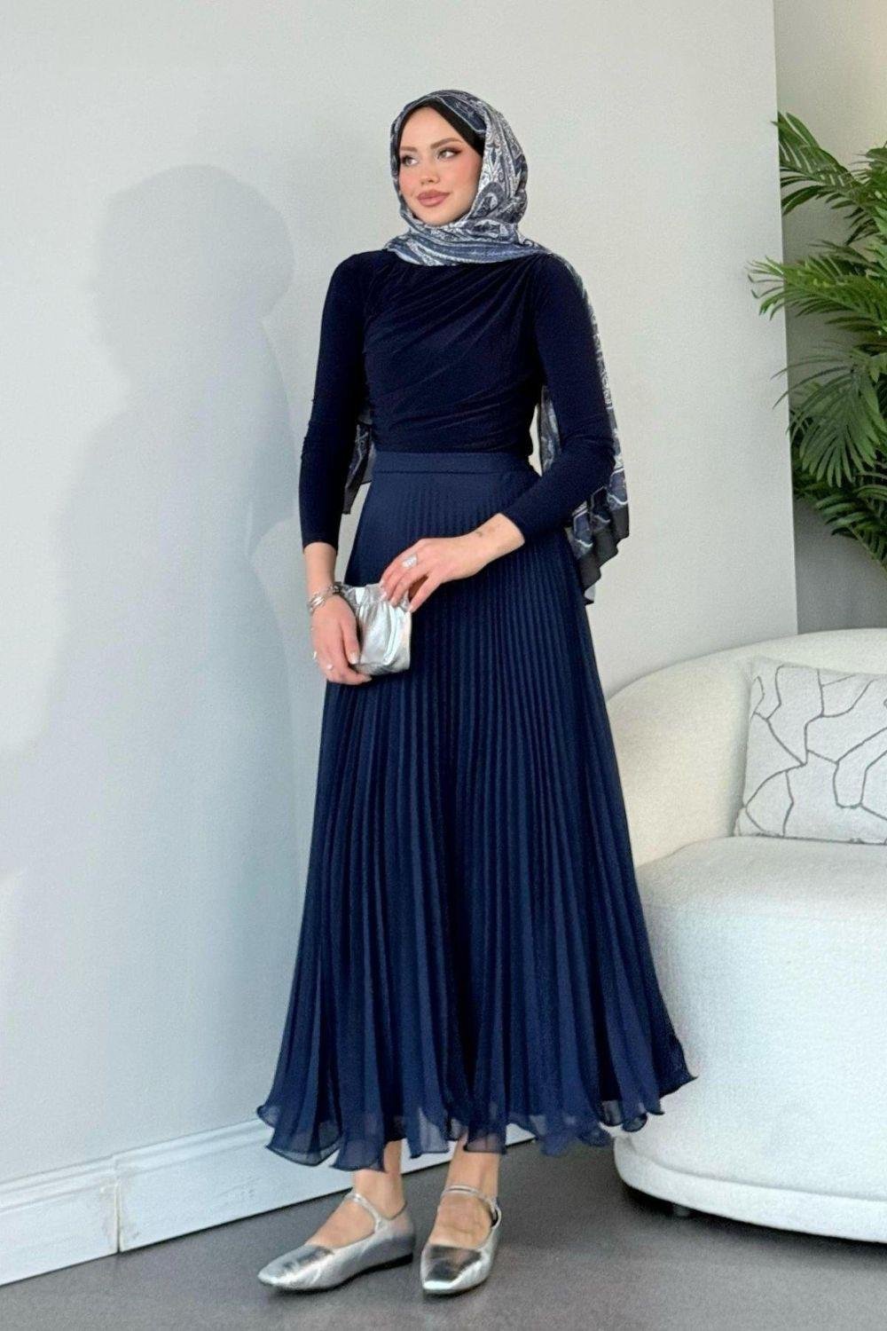 Piliseli Şifon Etek Lacivert 36690 