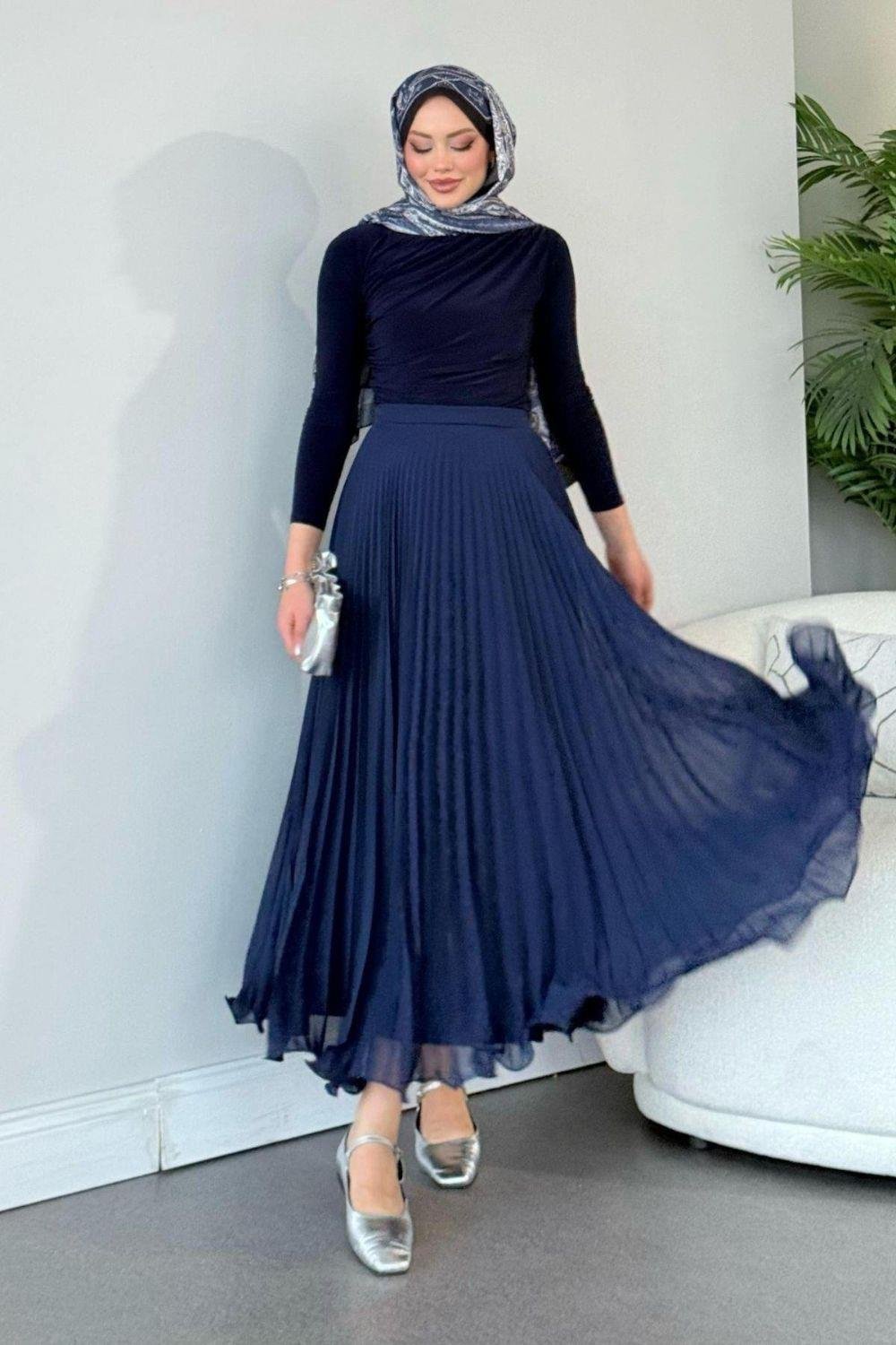 Piliseli Şifon Etek Lacivert 36690 