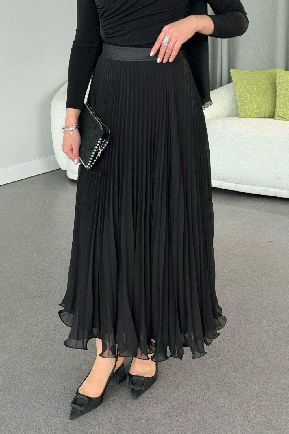 Piliseli Şifon Etek Siyah 36690 