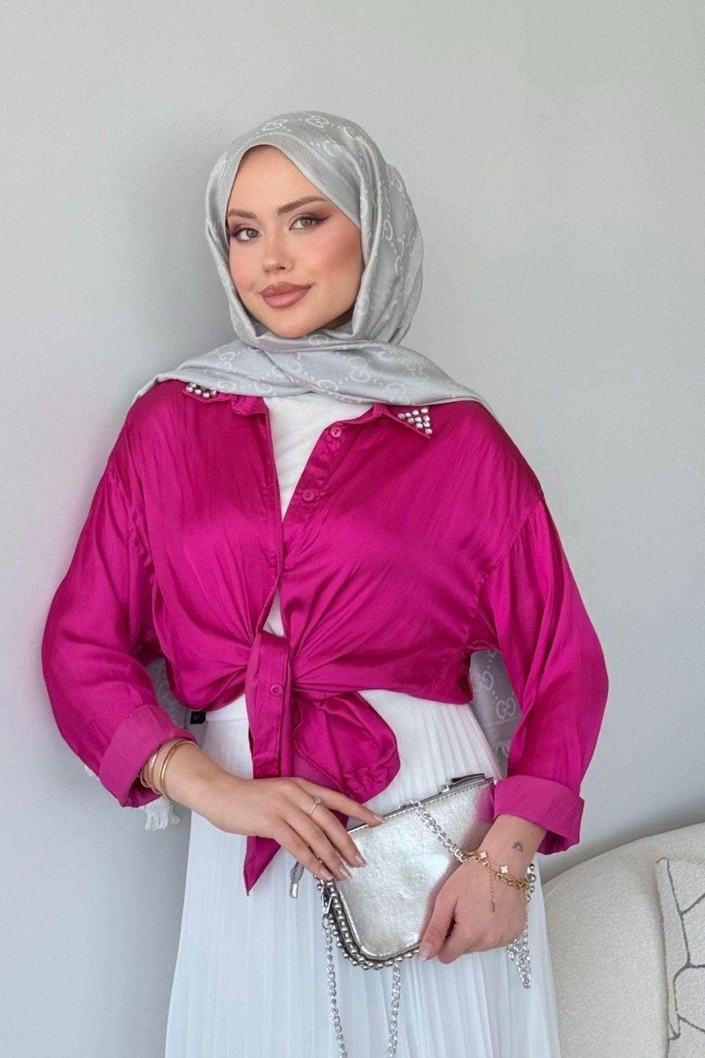 Pelin Saten Gömlek Fuşya 3677 