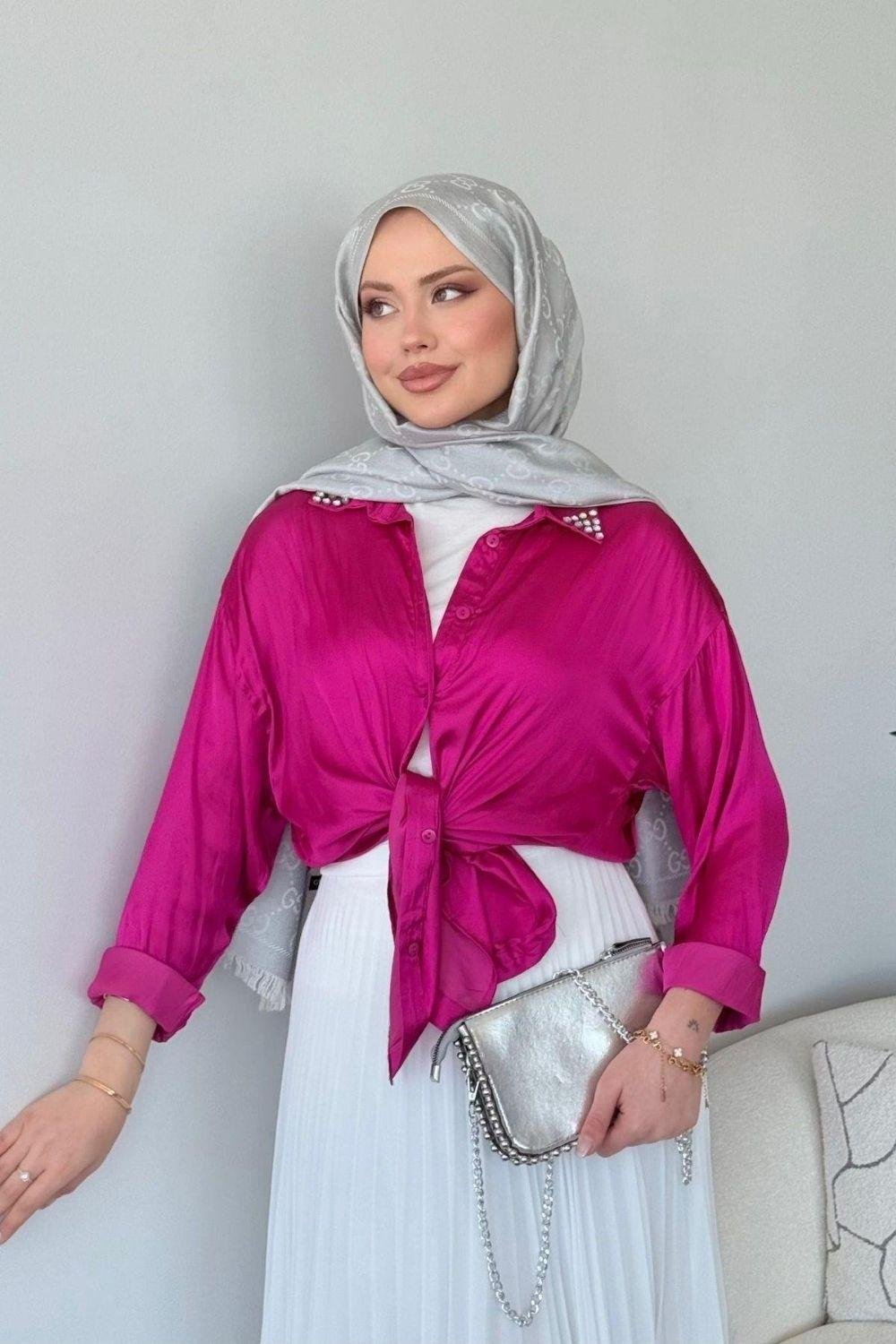 Pelin Saten Gömlek Fuşya 3677 