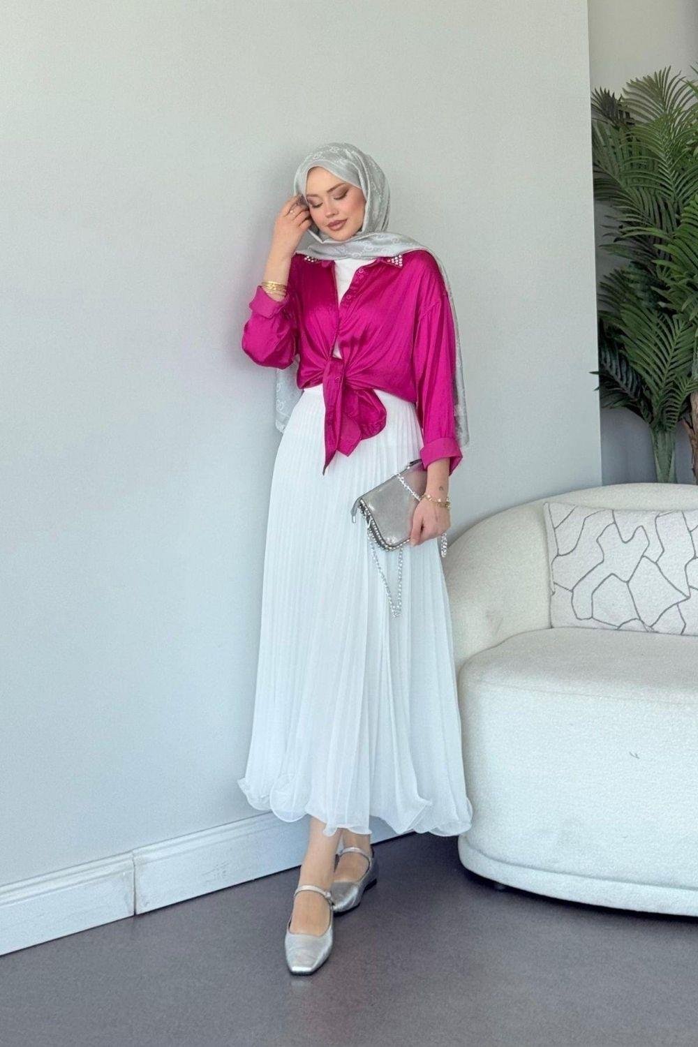 Pelin Saten Gömlek Fuşya 3677 