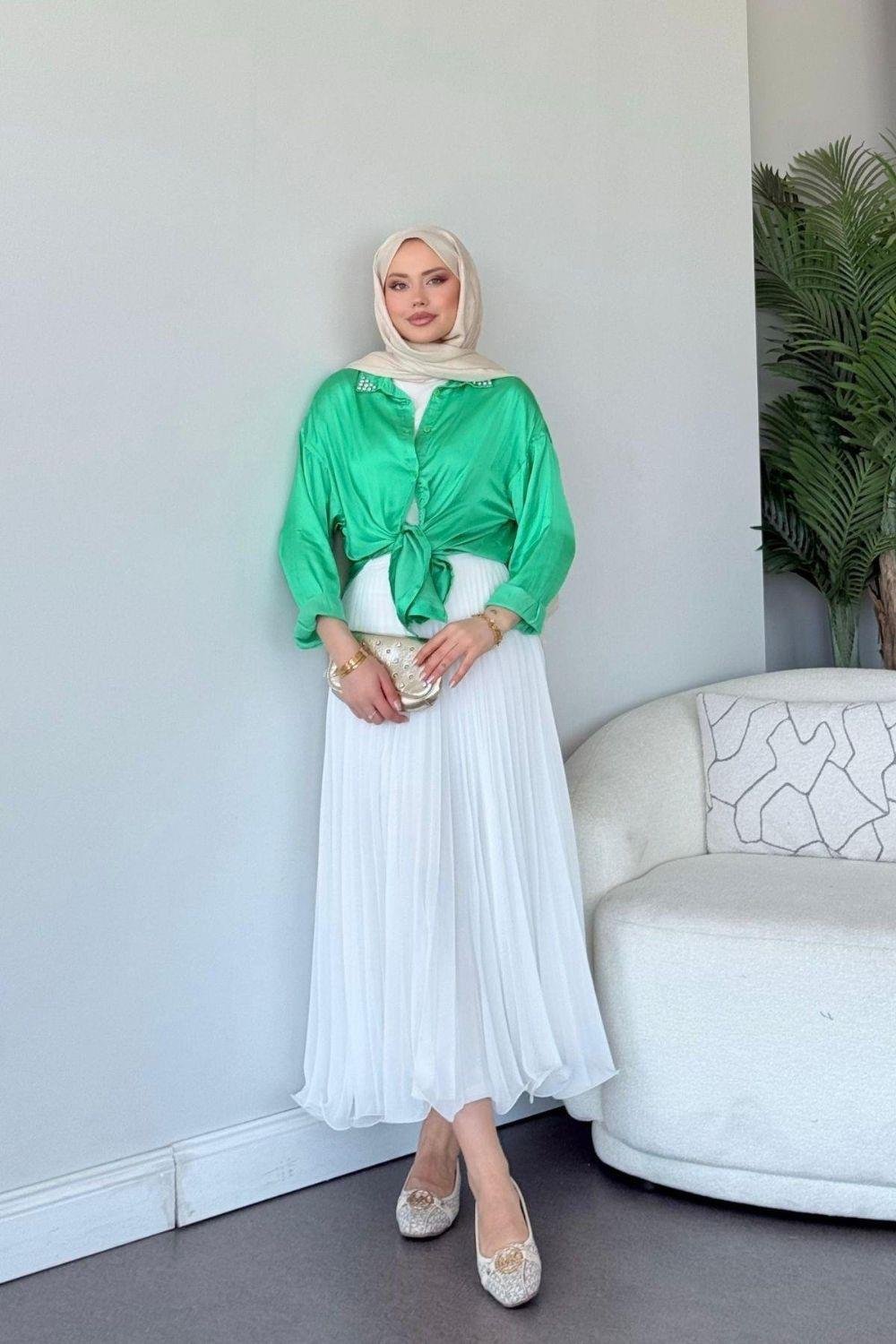 Pelin Saten Gömlek Yeşil 3677 