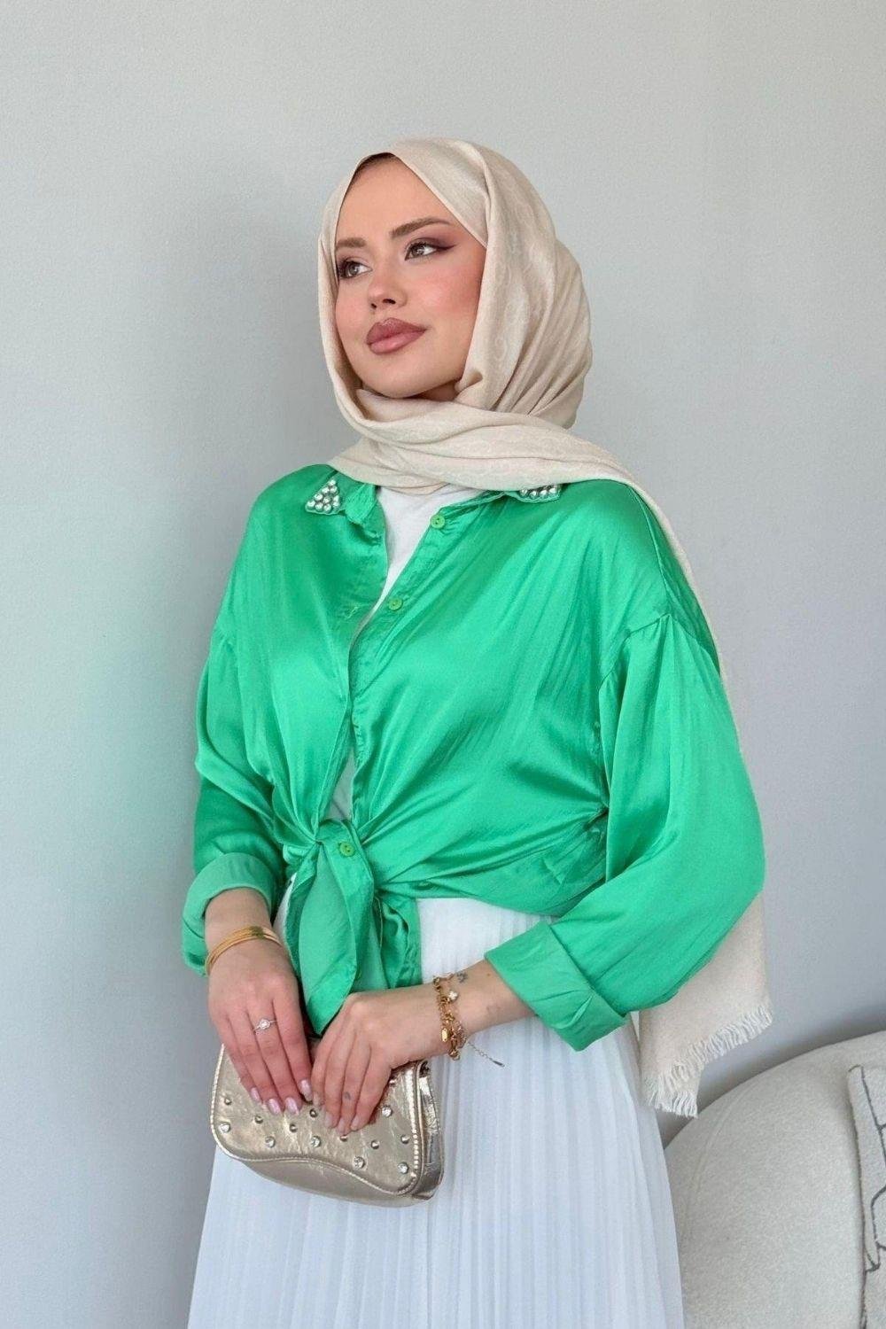 Pelin Saten Gömlek Yeşil 3677 