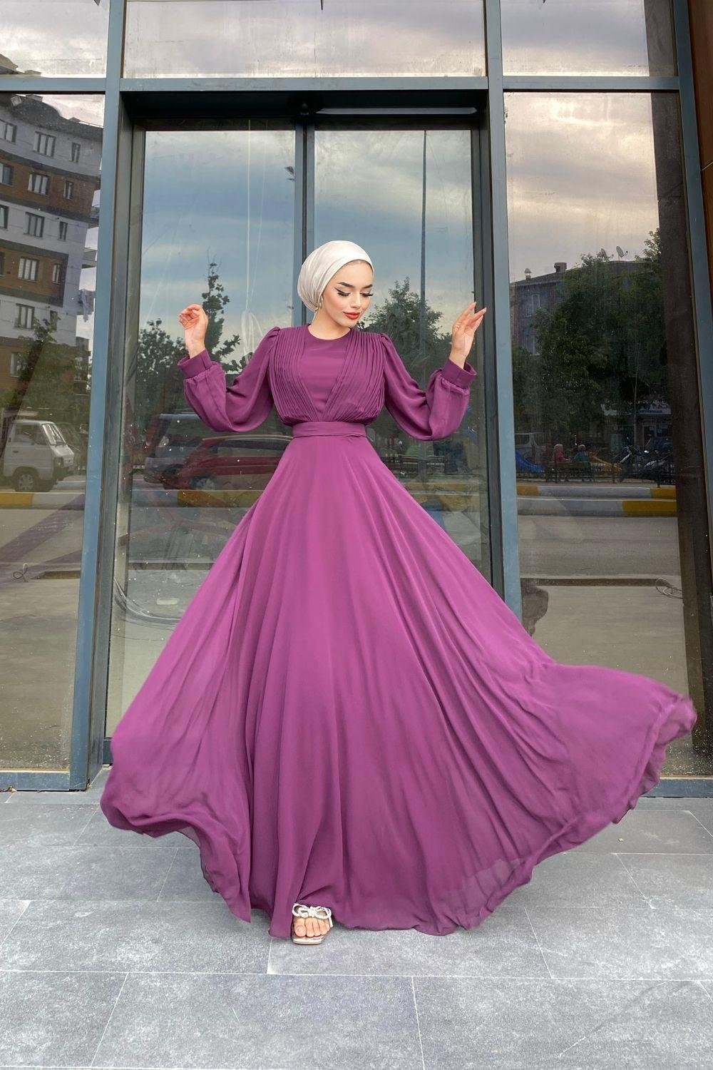 Göğsü Pileli Şifon Abiye Mürdüm 4045 