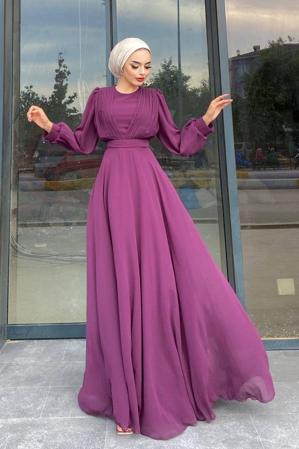 Göğsü Pileli Şifon Abiye Mürdüm 4045 