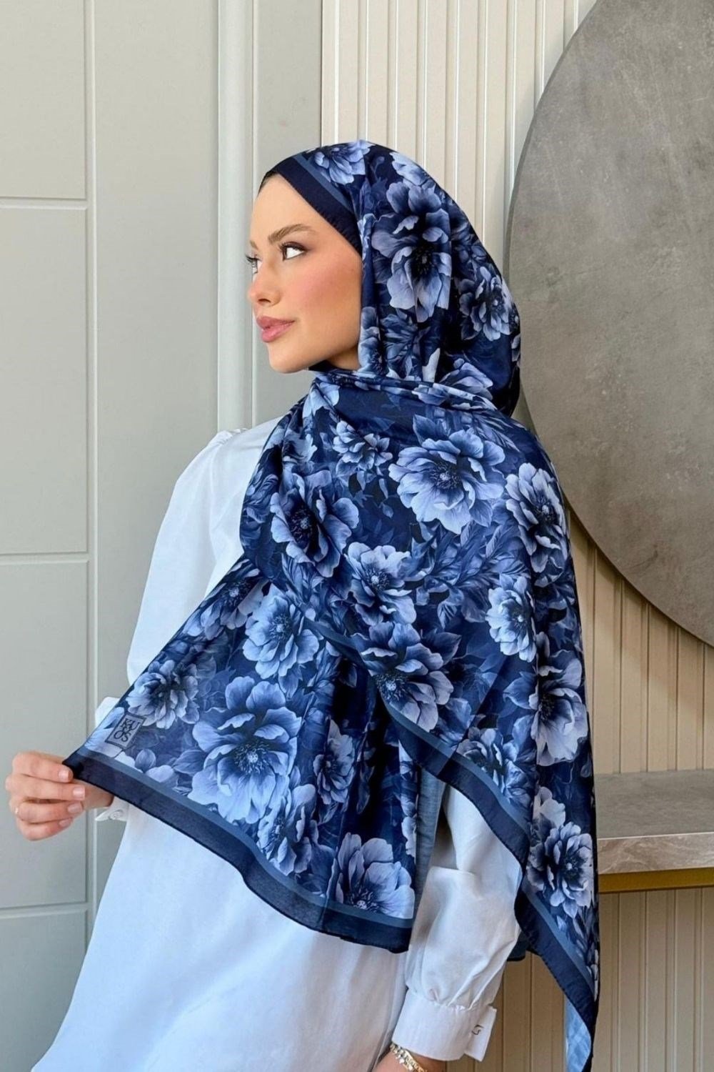 Çiçek Desen Dijital Şal Lacivert 4062 