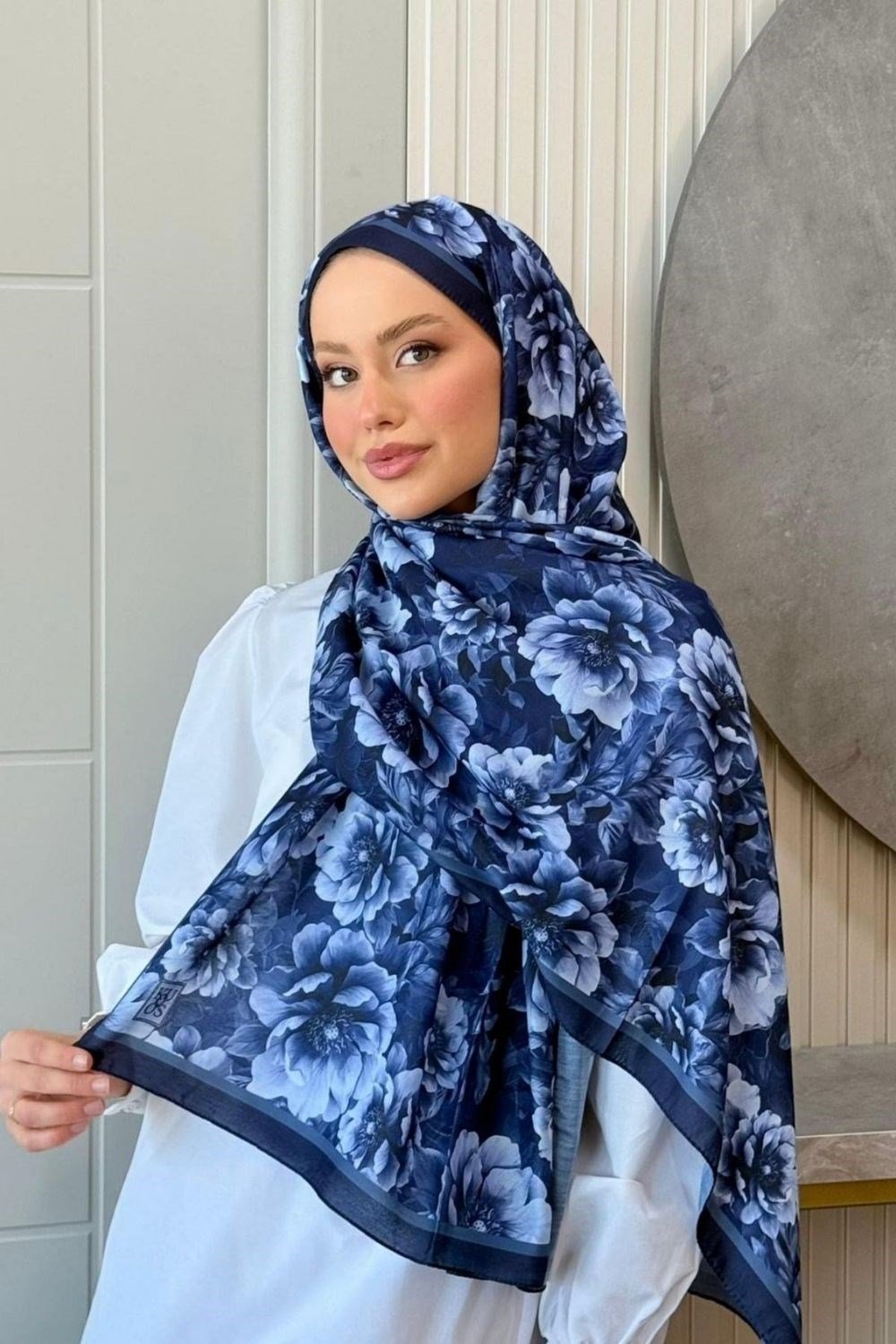 Çiçek Desen Dijital Şal Lacivert 4062 
