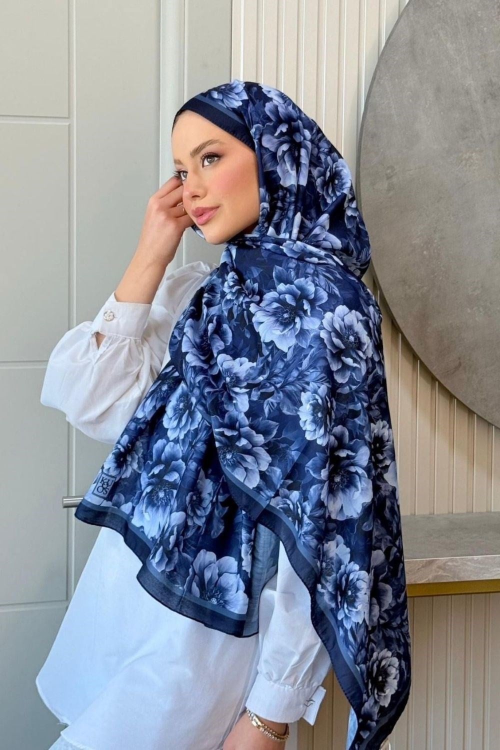 Çiçek Desen Dijital Şal Lacivert 4062 