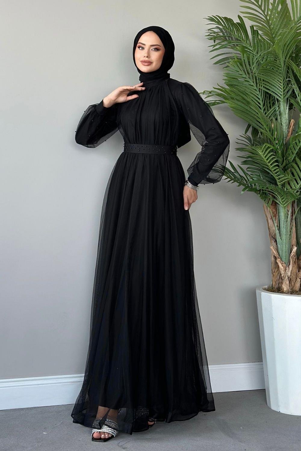 Kolları Boncuklu Tül Abiye Siyah 4158 
