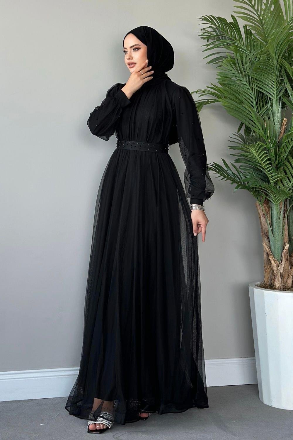 Kolları Boncuklu Tül Abiye Siyah 4158 