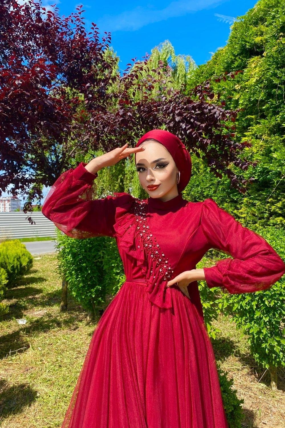Göğsü Fırfır Taşlı Abiye Bordo 4248 