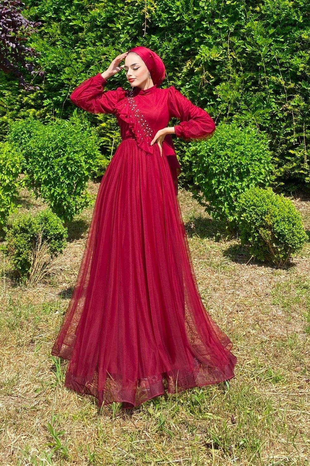Göğsü Fırfır Taşlı Abiye Bordo 4248 