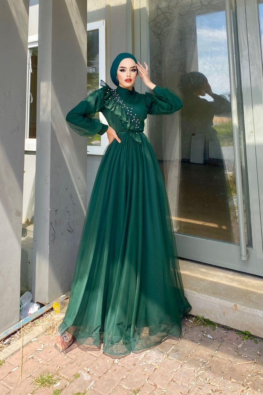 Göğsü Fırfır Taşlı Abiye Haki 4248 