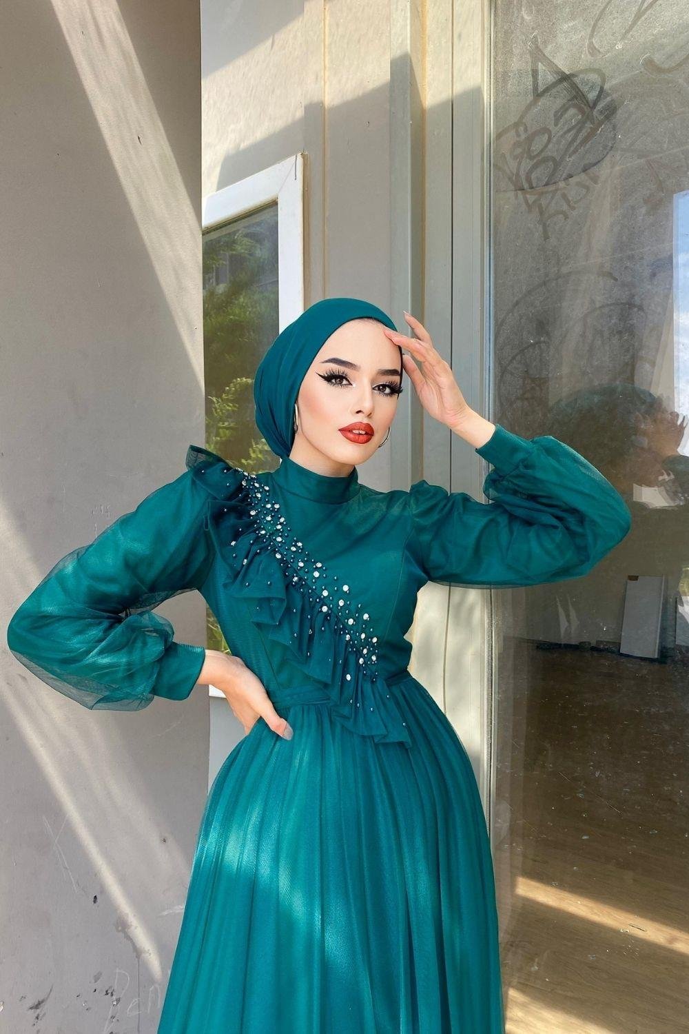 Göğsü Fırfır Taşlı Abiye Zümrüt 4248 