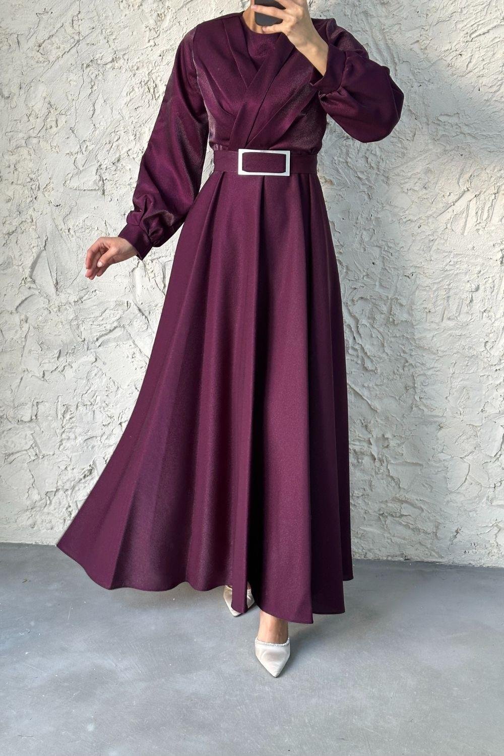 Ayna Kemerli Organze Tül Abiye Mor 4282 
