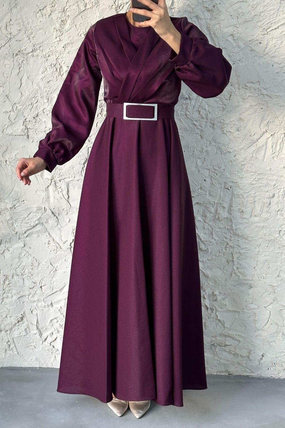 Ayna Kemerli Organze Tül Abiye Mor 4282 